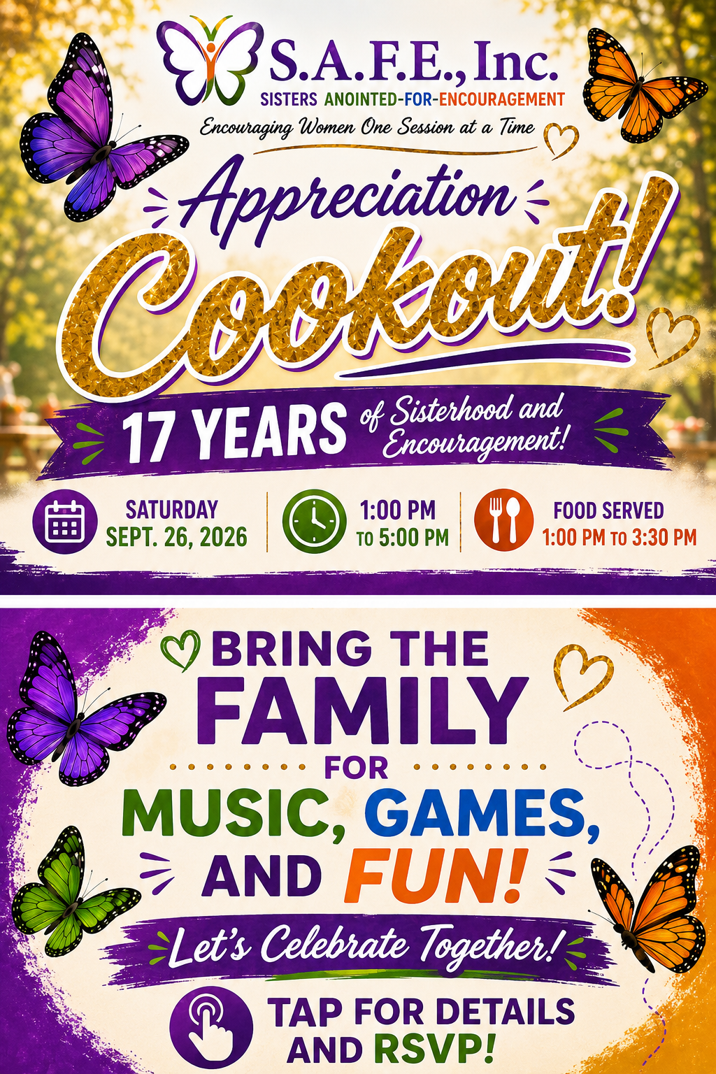 S.A.F.E., Inc. Appreciation Cookout — Saturday September 26, 2026, 1:00 PM to 5:00 PM
